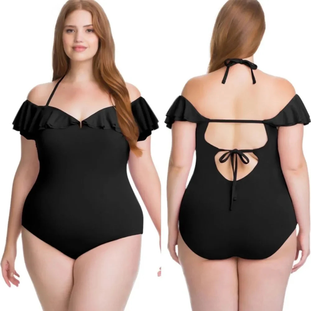 Becca Rebecca Virtue Black Flounce One Piece Swim